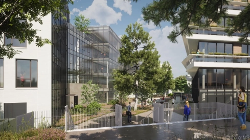 Dessin d'illustration du futur espace d'accueil du nouveau Siège social Lidl : un grand arbre au milieu de bâtiments modernes, avec de grandes vitres et des balcons
