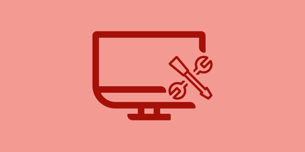 Icon rouge foncée sur rouge clair représentant un ordinateur avec des outils