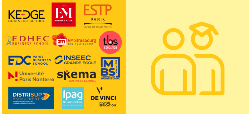 Logos des écoles partenaires de Lidl : Kedge, EM Lyon, ESTP Paris, EDHEC BS, EM Strasbourg, tbs Education, EDC, INSEEC, SKEMA, Montpellier BS, Ipag, De Vinci